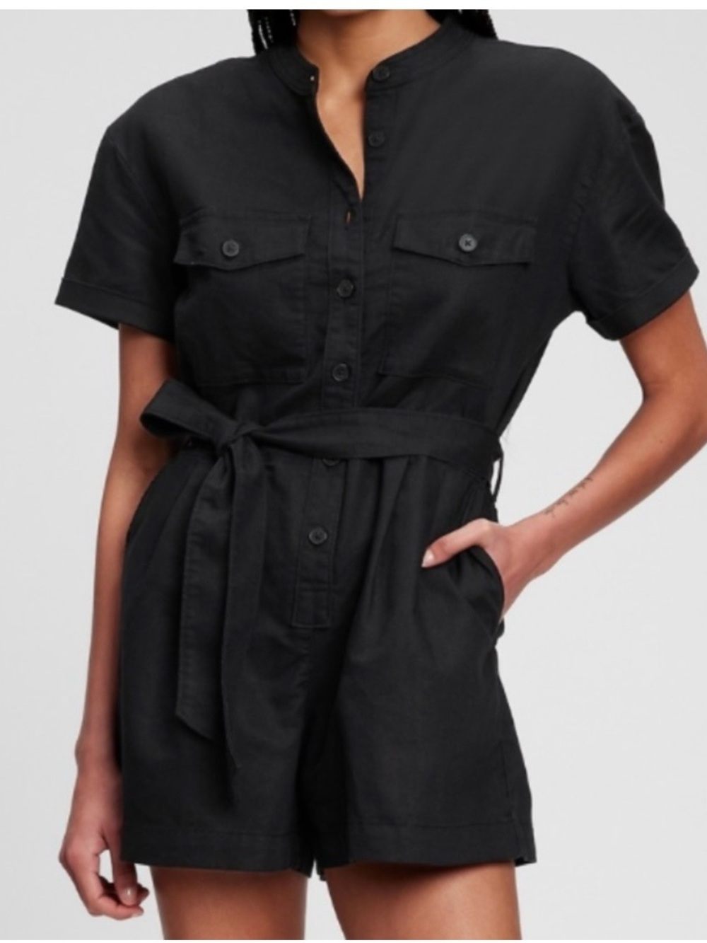 GAP Black Short-Sleeve Utility Romper with Tie Waist